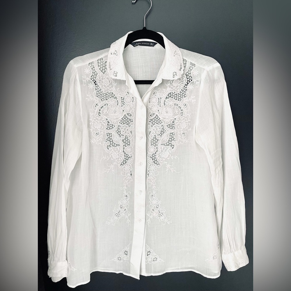 Zara crochet details button down white shirt size S